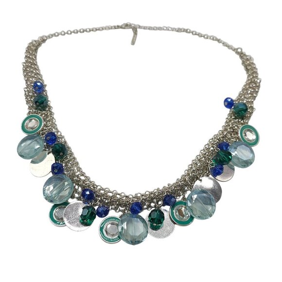 Nine West Silver Tone Blue Multi Color Beaded Necklace With Circular Accents - Picture 2 of 7